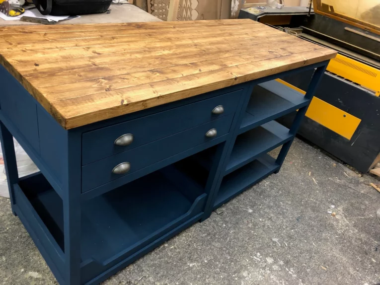 Handmade Solid Wood Kitchen Island with Shelves and Dog Bed
