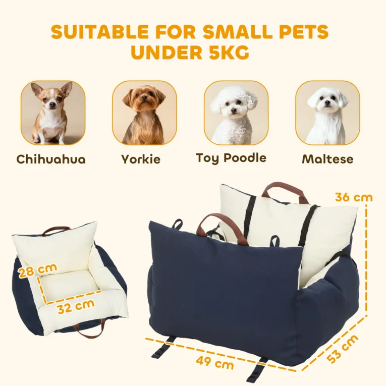 Padded Dog Car Seat with Adjustable Straps – Navy, 53cm Padded Dog Car Seat with Adjustable Straps – Navy, 53cm