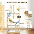 Wooden Bird Play Stand with Ladders and Bowls – Natural, 95cm