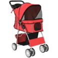 Folding Pet Stroller with Reflective Strips – Red