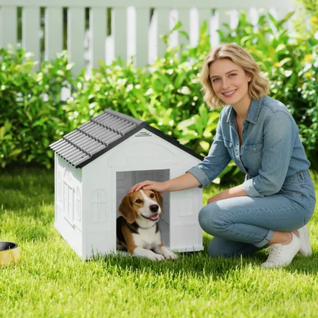 Plastic Outdoor Dog Kennel with Sloped Roof – Grey