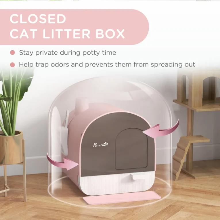 Hooded Cat Litter Box with Flap and Scoop – Pink