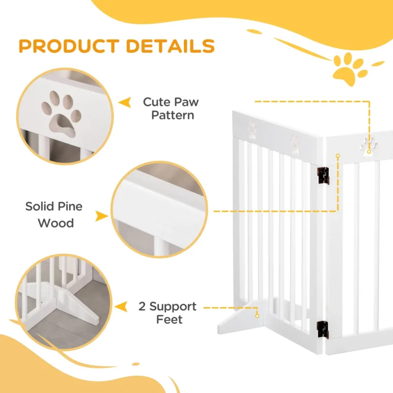 Four-Panel Freestanding Wooden Pet Barrier – White, 61cm