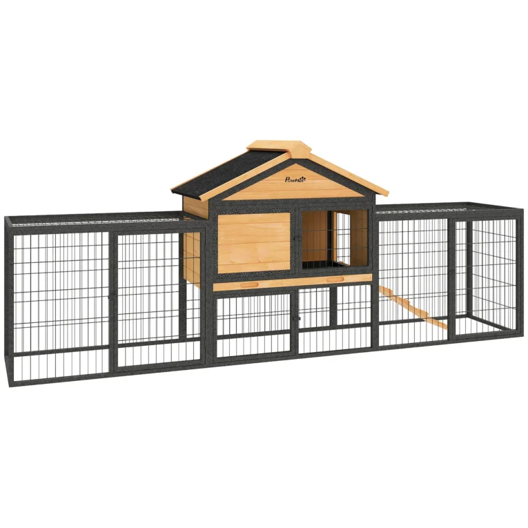 Wooden Rabbit Hutch with Side Run and Tray – Natural, 217cm Wooden Rabbit Hutch with Side Run and Tray – Natural, 217cm