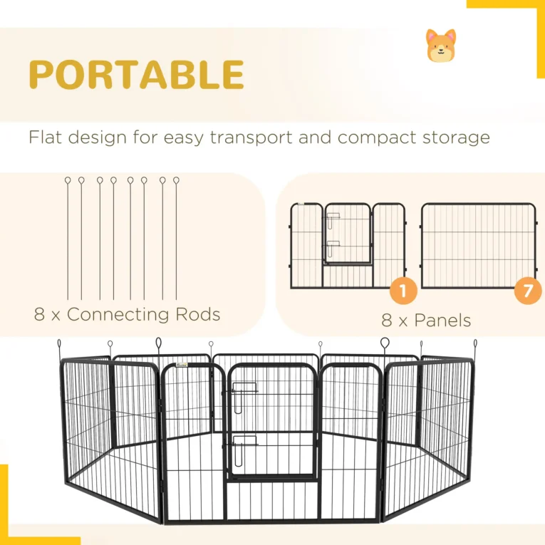 Eight-Panel Metal Dog Exercise Pen – Grey, 60cm