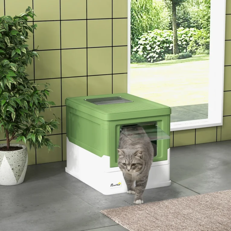 Hooded Cat Litter Box Portable – Emerald Green, White