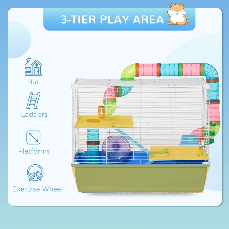 3-Level Hamster Cage with Tubes and Accessories 59x36x47cm – Blue and white