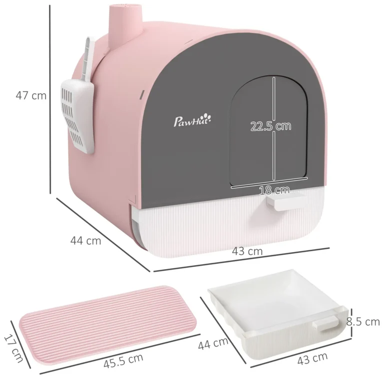 Hooded Cat Litter Box with Flap and Scoop – Pink