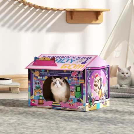 Gaming-Style Cardboard Cat Hideaway with Scratching Base &ndash; Pink &ndash; detail 2