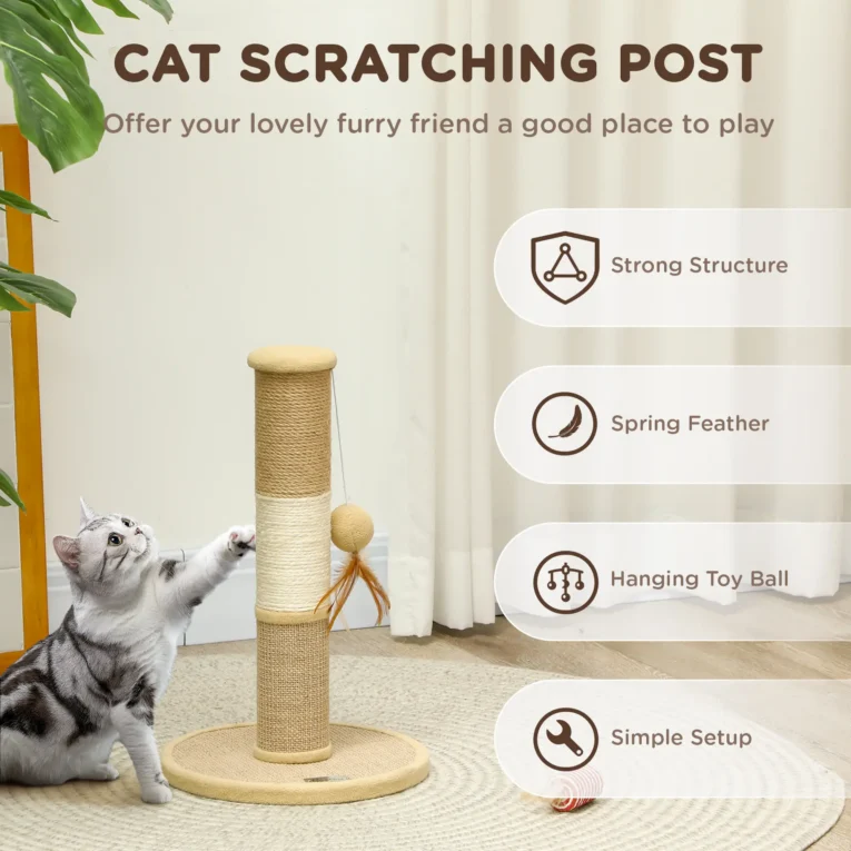 Multi-Texture Cat Scratching Post with Hanging Toys – Brown, 47cm