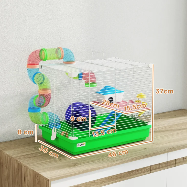 2-Tier Hamster Cage with Tunnel Wheels Ladder Dwarf – Green and white
