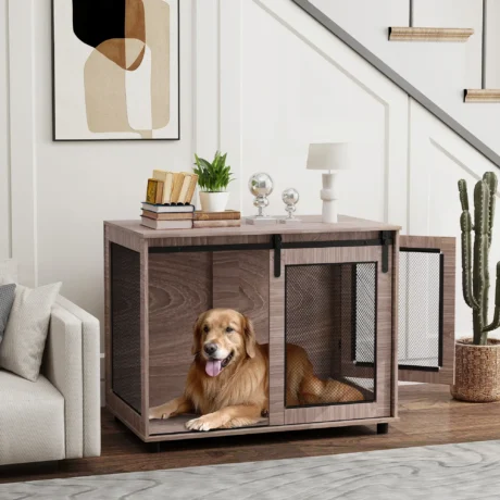 Large Dog Crate Furniture with Sliding Door – Walnut, 98cm