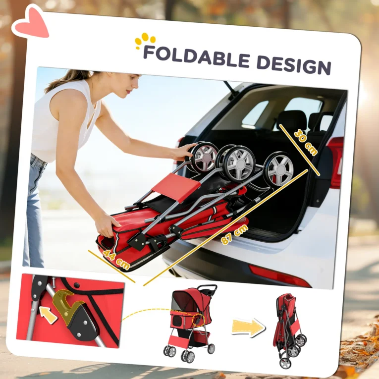 Folding Pet Stroller with Reflective Strips – Red Folding Pet Stroller with Reflective Strips – Red