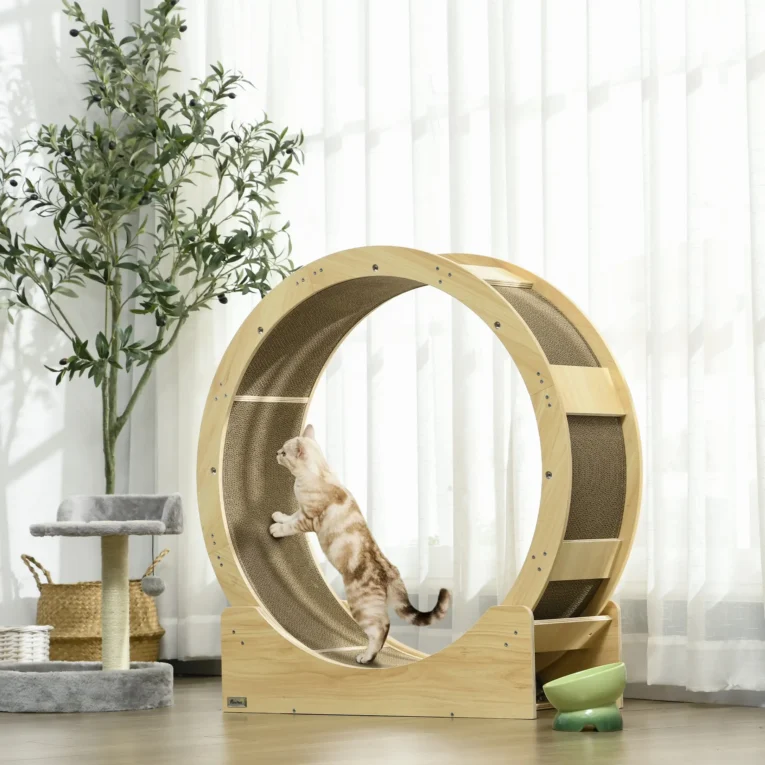 Cat Exercise Wheel with Brake and Replaceable Scratching Pad – Oak Tone
