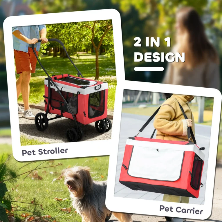 Two-in-One Pet Stroller with Detachable Carrier – Red