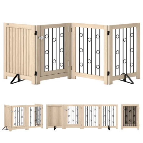 Four-Panel Folding Pet Gate with Door &ndash; Oak Tone, 70cm High