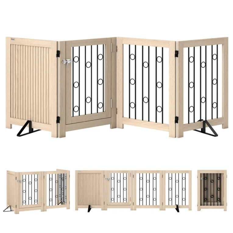Four-Panel Folding Pet Gate with Door – Oak Tone, 70cm High