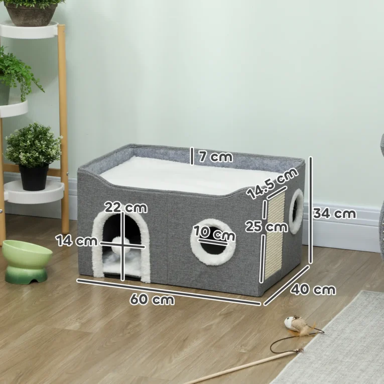 Folding Cat House with Top Bed and Sisal Pad – Grey, 60cm Folding Cat House with Top Bed and Sisal Pad – Grey, 60cm