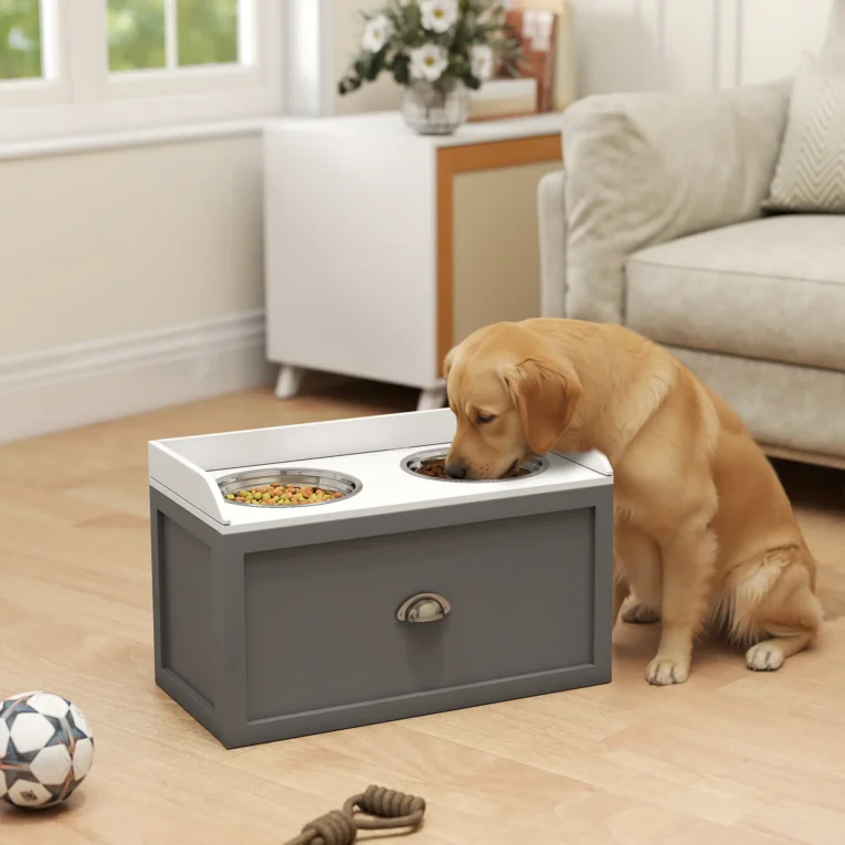 Raised Double Dog Feeder with 21L Drawer – Grey