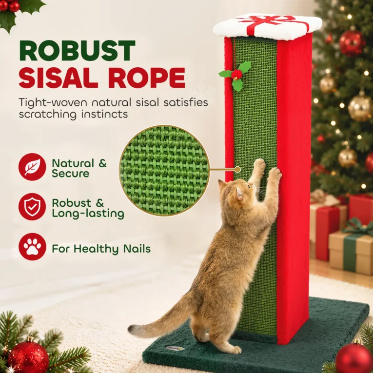 Tall Sisal Cat Scratching Post with Bell Toy – Green and Red, 81cm