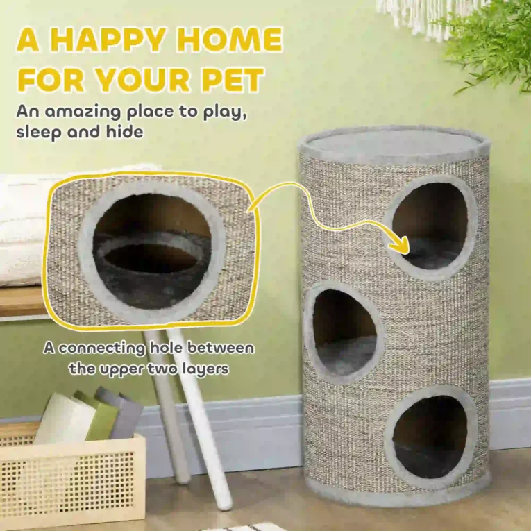 70cm Cat Scratching Barrel with Connected Hideaways – Light Grey
