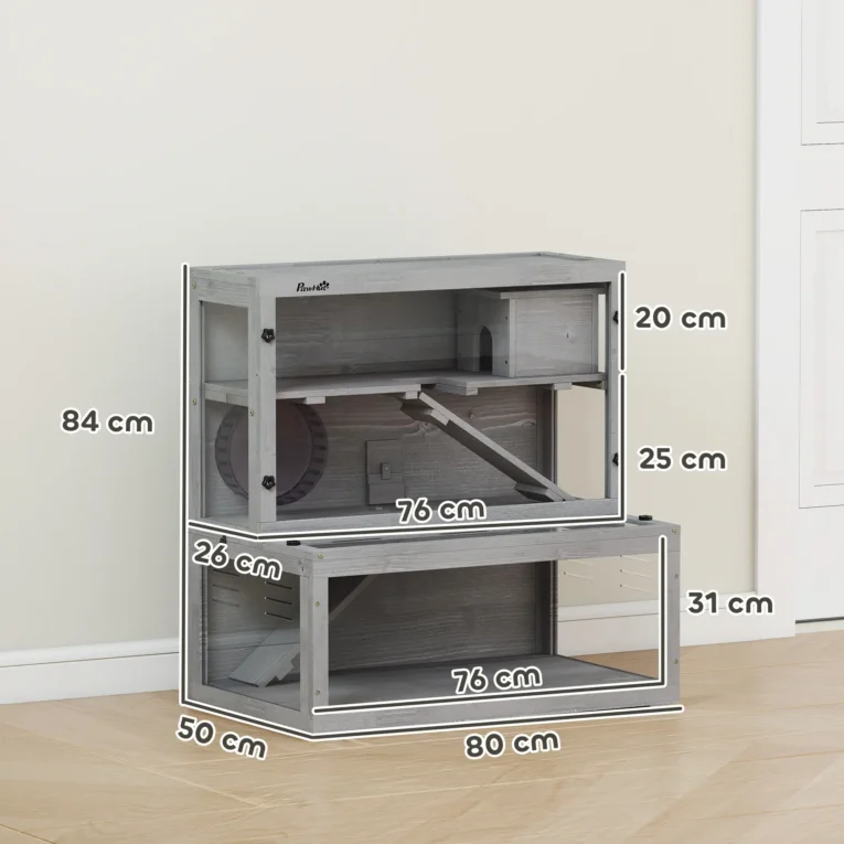 Three-Level Wooden Hamster Habitat with Wheel – Grey, 80cm Three-Level Wooden Hamster Habitat with Wheel – Grey, 80cm