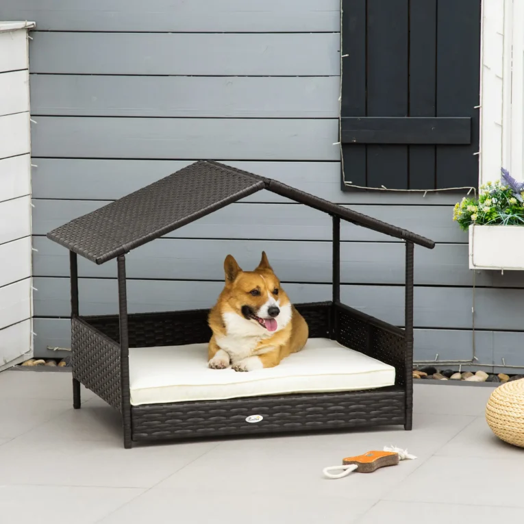Wicker Dog House Rattan Pet Bed with Canopy – Dark brown and cream