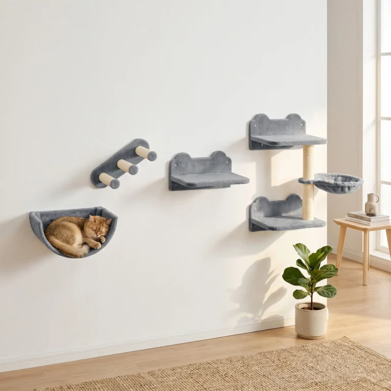 4PC Wall-Mounted Cat Shelves with Hammock – Grey and cream 4PC Wall-Mounted Cat Shelves with Hammock – Grey and cream