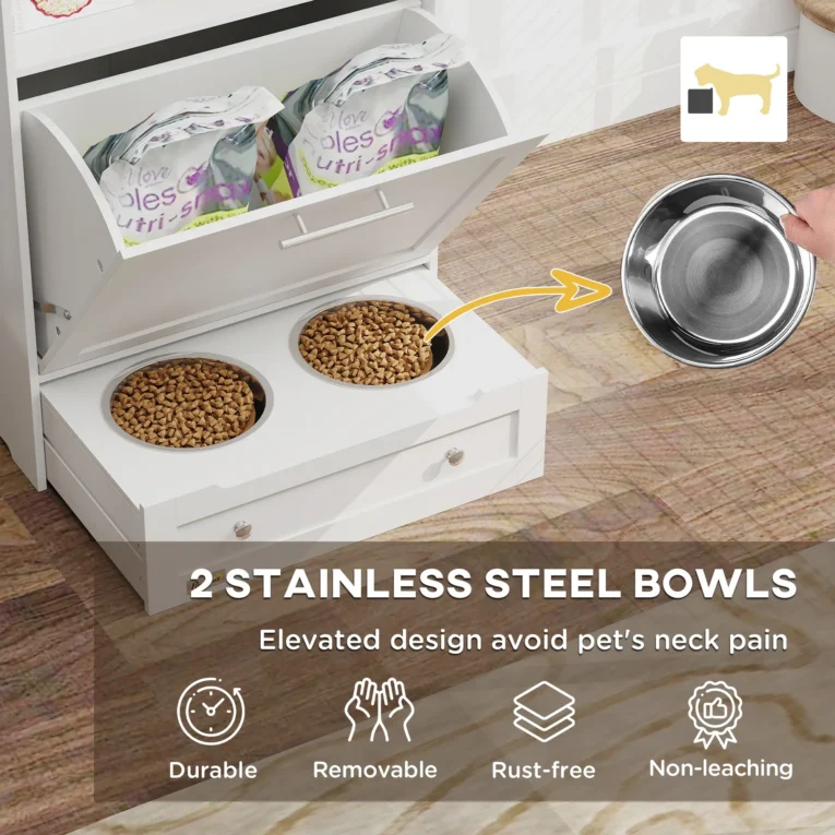 Pet Feeding Cabinet with Pull-Out Bowls – White