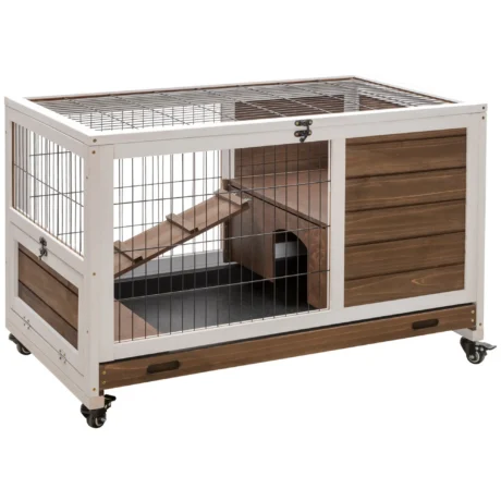 Wooden Rabbit Hutch Enclosed Run – Brown and white