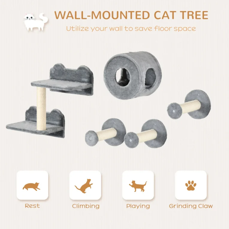 Five-Piece Cat Wall Furniture with Den and Perches – Grey