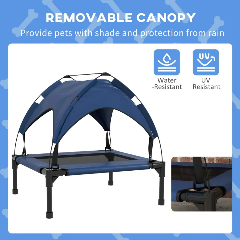 Raised Dog Bed with Canopy – Dark Blue, 76 × 61cm