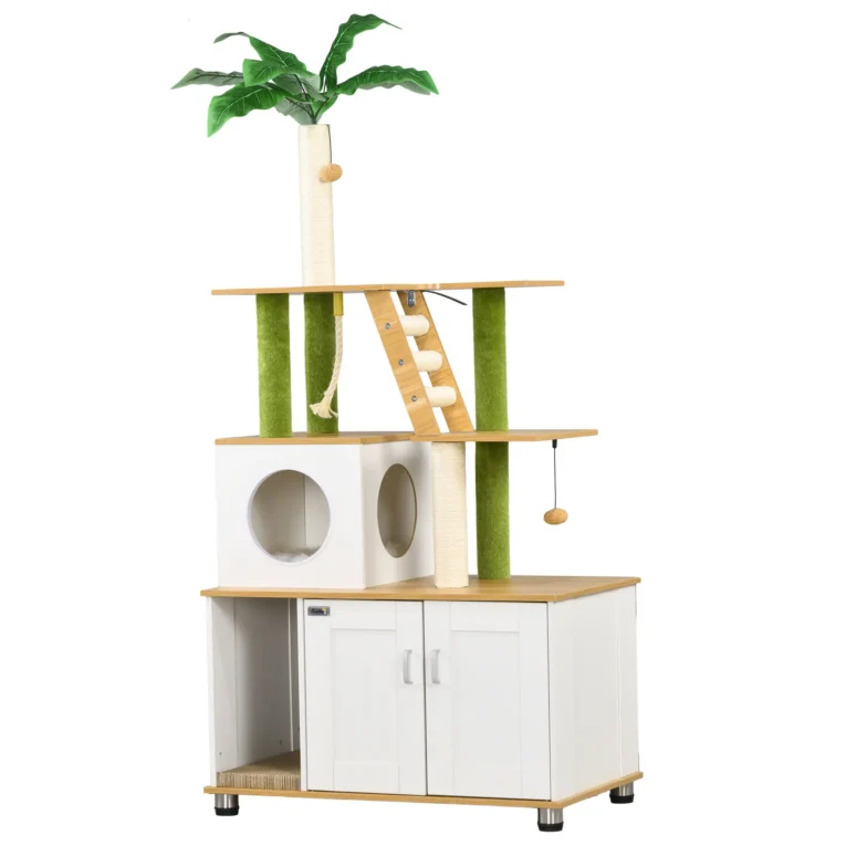 Cat Litter Cabinet with Climbing Tree and Scratching Posts – Oak and Cream Cat Litter Cabinet with Climbing Tree and Scratching Posts – Oak and Cream