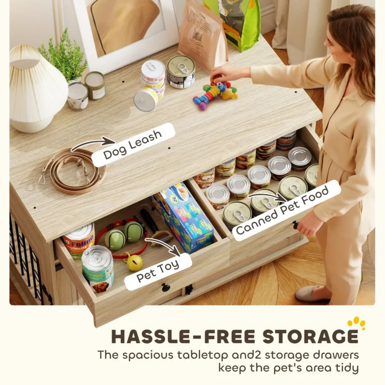Dog Crate Cabinet with Sliding Door and Two Drawers – Oak, 100cm Dog Crate Cabinet with Sliding Door and Two Drawers – Oak, 100cm