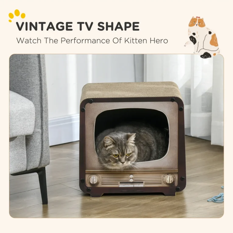 Television-Style Cardboard Cat House with Scratcher – Brown