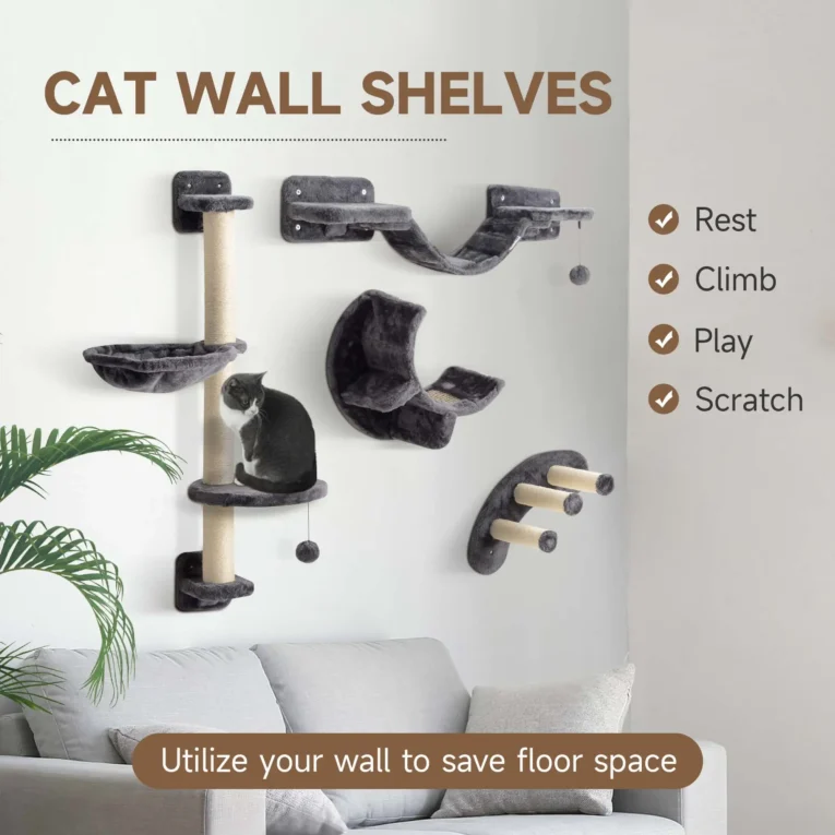 Four-Piece Wall-Mounted Cat Furniture Set with Hammock – Dark Grey