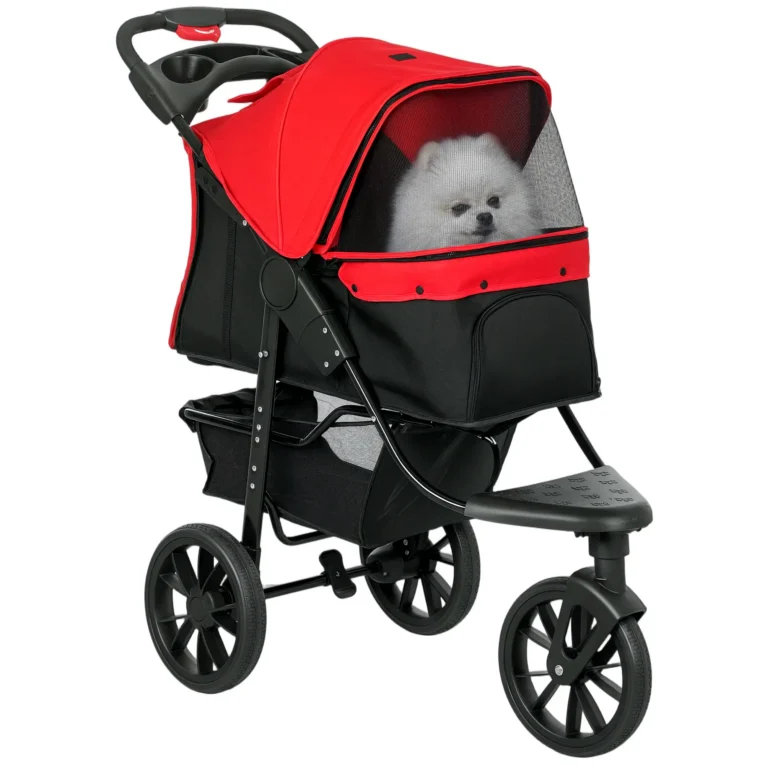 Dog Stroller 3-Wheel Pushchair for Small Pets – Red and black