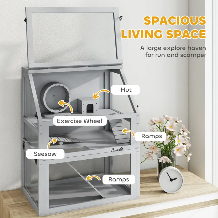 Wooden Hamster Cage with Deep Base and Accessories – Light Grey