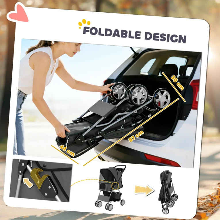 Pet Stroller Foldable with Swivel Wheels – Dark Grey