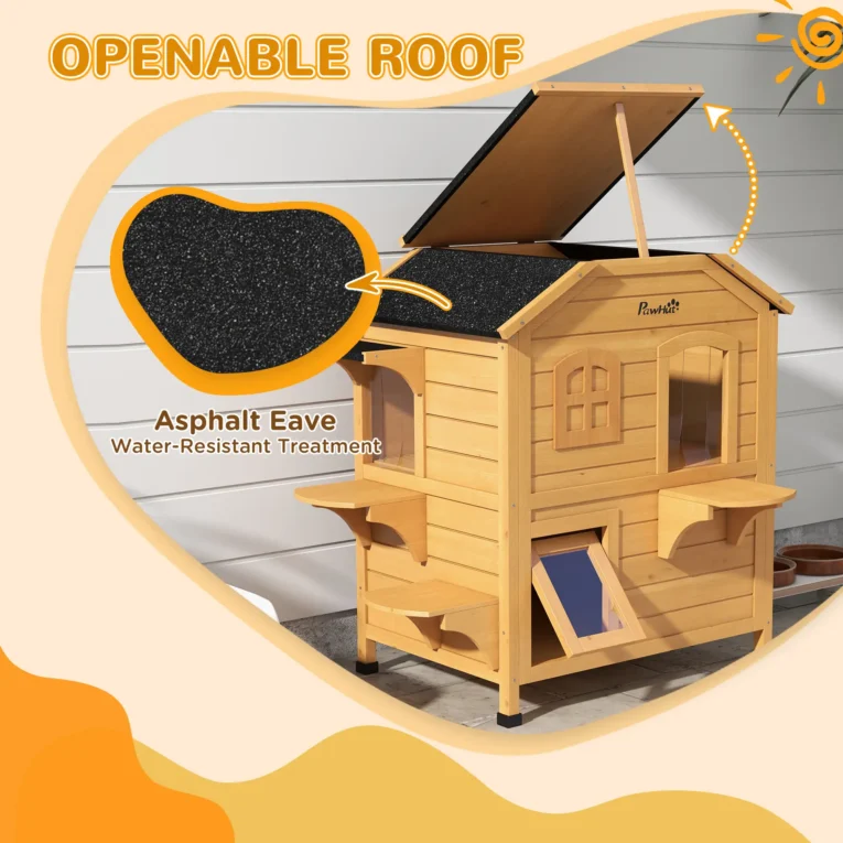 Two-Storey Wooden Cat House with Opening Roof – Natural