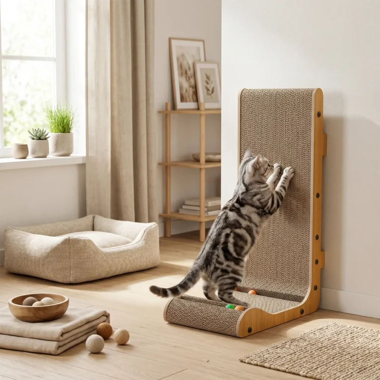 Wall-Mounted Cardboard Cat Scratcher with Ball Track – Brown