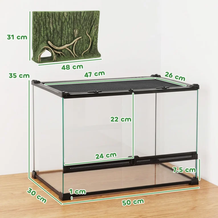 Glass Reptile Terrarium with Bark-Effect Background – Black, 50 × 30 × 35cm