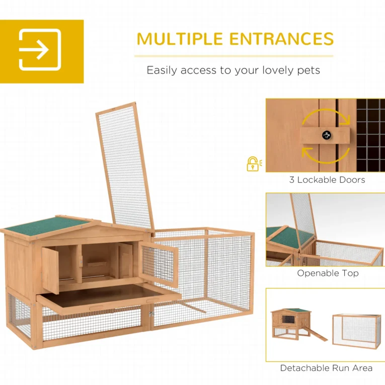 Two-Level Wooden Rabbit Hutch with Enclosed Run – Natural