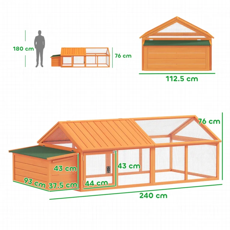 Wooden Chicken Coop with Nesting Box and Opening Roof – Orange, 240cm