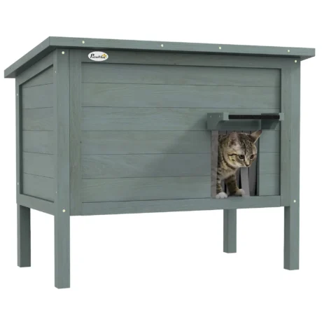 Insulated Wooden Cat House with Raised Base &ndash; Charcoal, 85cm