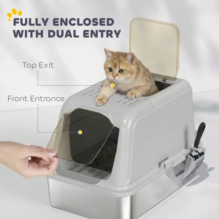 XL Enclosed Steel Litter Box with Top Exit – Light Grey, 60cm XL Enclosed Steel Litter Box with Top Exit – Light Grey, 60cm