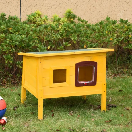 Raised Wooden Outdoor Cat Shelter with Opening Roof – Yellow
