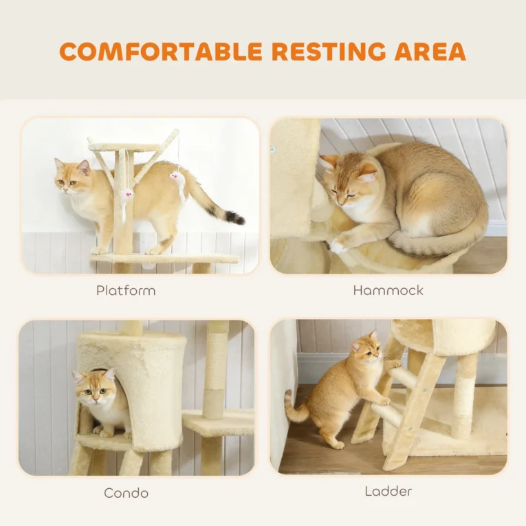 Cat Tree with Den, Basket and Ladder – Beige, 134cm
