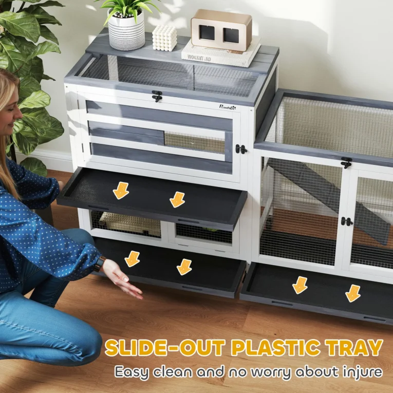 Two-Level Rabbit Hutch with Run, Wheels and Trays – Grey, 147cm Two-Level Rabbit Hutch with Run, Wheels and Trays – Grey, 147cm