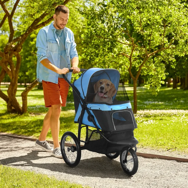 Foldable Dog Pushchair for Small Dogs – Blue and black